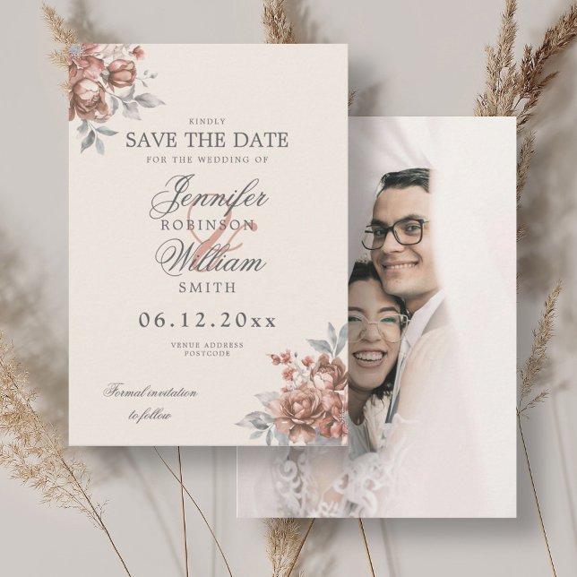 Bröllop Rose Guld Rustik Blommig Foto Spara Datum Datumet (Wedding Rose Gold Rustic Floral Photo Save Date Save The Date)