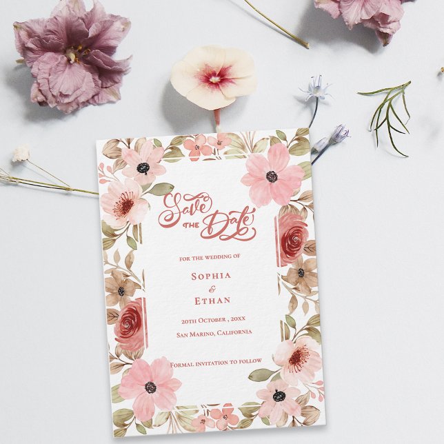 Bröllop Rosenskära Blommig Botanisk Save the Date Inbjudningar (Blush Pink Floral Botanical Wedding Save the Date Invitation)