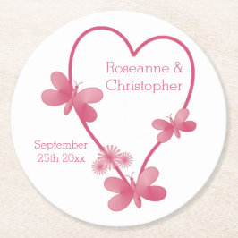Bröllop Round Papper Underlägg Rosa Heart Butterfl