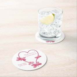 Bröllop Round Papper Underlägg Rosa Heart Butterfl Rund