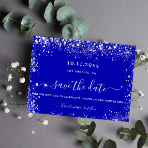 Bröllop royal blått silver glitter spara datumet