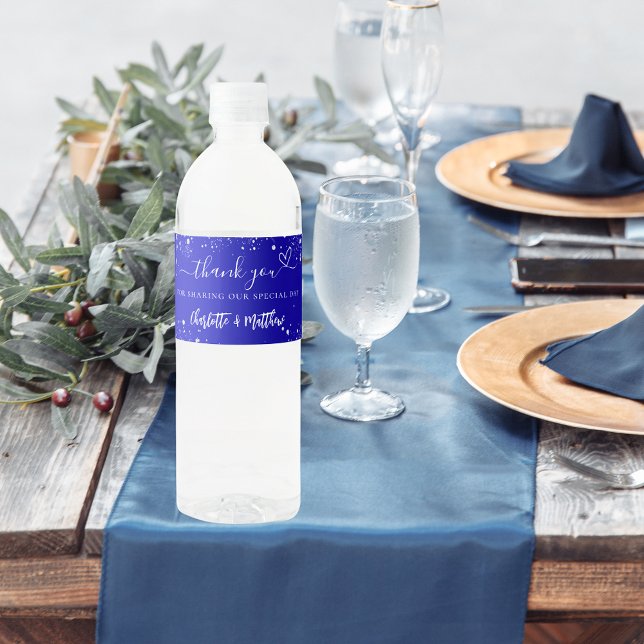 Bröllop royalets blå silver-gnistor tack vattenflaskor etikett (Skapare uppladdad)