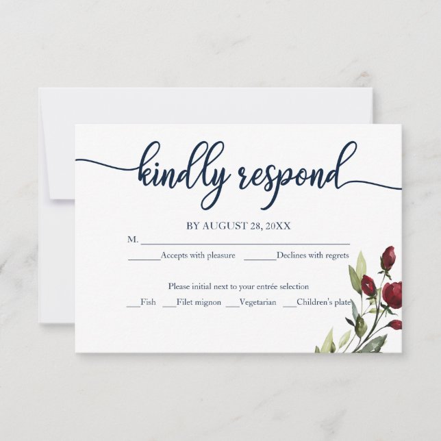 Bröllop RSVP-kort Burgundy Navy Blå Blommig  OSA Kort (Framsida)
