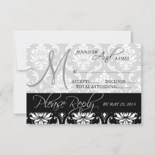 Bröllop RSVP-kort Svart Damast Monogram Namn OSA Kort