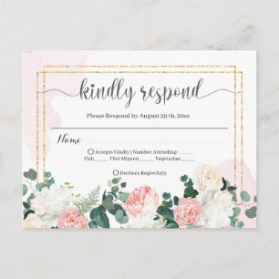 Bröllop RSVP retro akvarell rosa och blommor Vykort