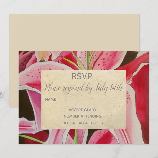 Bröllop RSVP Rosa liljor blommig konst rustik Inbjudningar (Fram/baksida)
