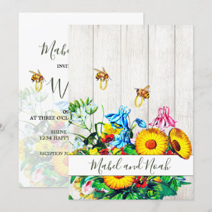 Bröllop Rustic Blommigt Honungsbin Guld Eco Inbjudningar
