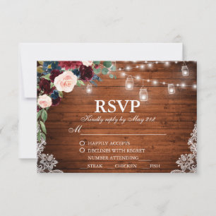Bröllop Rustic Wood Burgundy Blue Blommigt OSA Mea Kort