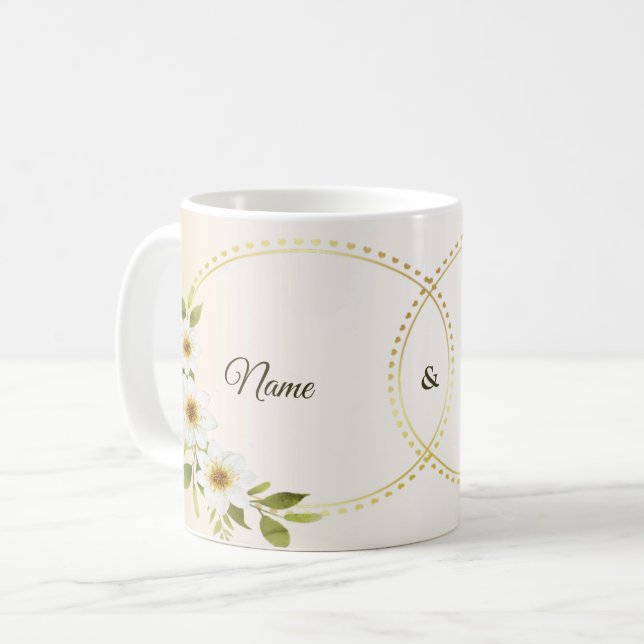 Bröllop Rustik Guld Geometrisk Vit Blommig Persika Kaffemugg (Framsida vänster)