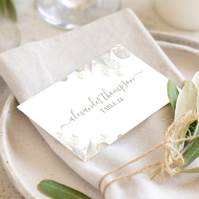 Bröllop Sage Grönt Greenery Reception Sittplats Placeringskort (Sage green foliage calligraphy script table number card.)