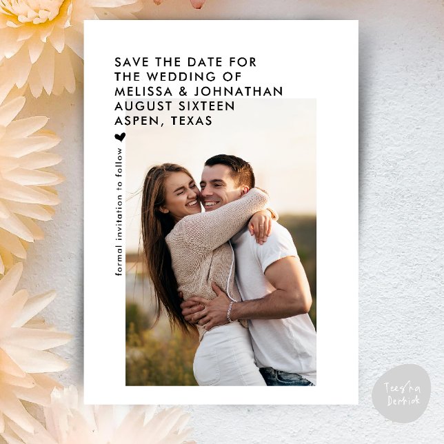 Bröllop Sate Datum Modern Minimalistisk Ren Spara Datumet (Wedding Sate The Date Modern Minimalist Clean signature script Theme Card PDF Black and White)