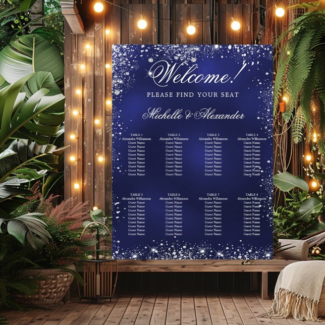 Bröllop-sätesdiagram för marinblått silver glitter poster (Skapare uppladdad)