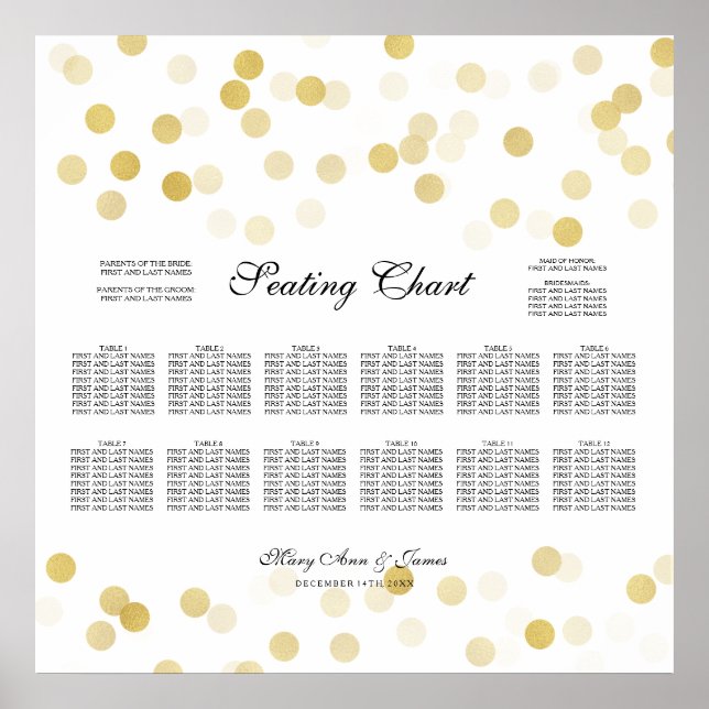 Bröllop-sätesdiagram Guldplattor Glitter Ljus Poster (Framsidan)
