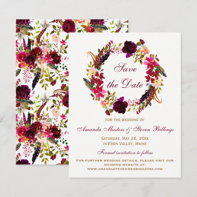 Bröllop Save the Date - Burgunderfärgade Blommor,  Inbjudningar (Fram/baksida)