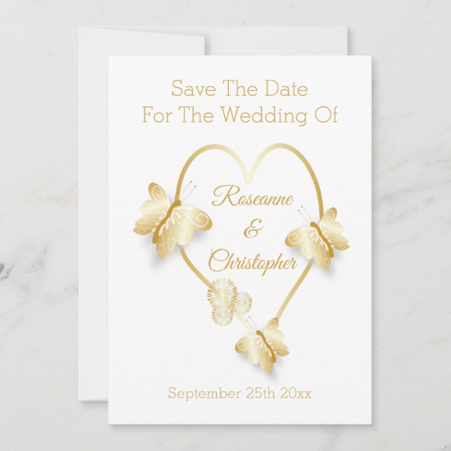 Bröllop Save The Date Guld Färg Hjärtformad Fjäril Spara Datumet (Framsida)