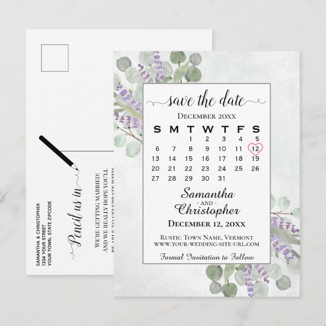 Bröllop Save the Date-kalender Eucalyptus Vit Meddelande Vykort (Fram/baksida)