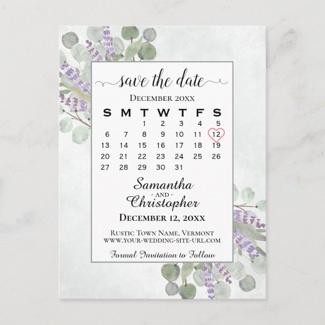 Bröllop Save the Date-kalender Eucalyptus Vit Meddelande Vykort (Framsida)