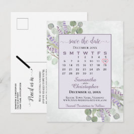 Bröllop Save the Date Kalender Eukalyptus Lila Meddelande Vykort