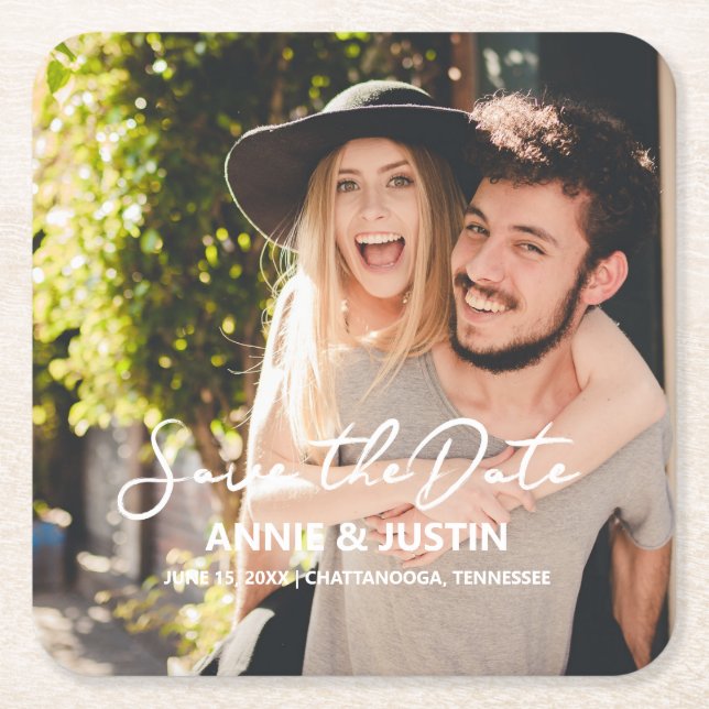Bröllop Save the Date Manus Foto Underlägg Papper Kvadrat (Framsidan)