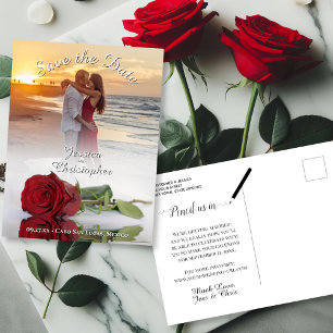 Bröllop Save the Date Röd Ros Fotoöverlägg Vitt Meddelande Vykort
