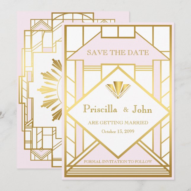 Bröllop Save the Date, Stor Gatsby, vit guld rosa Inbjudningar (Fram/baksida)