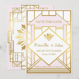 Bröllop Save the Date, Stor Gatsby, vit guld rosa Inbjudningar