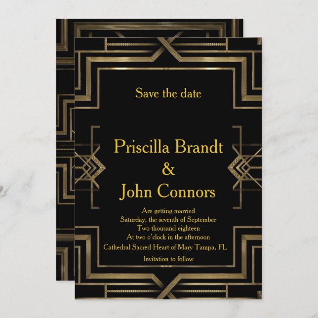 Bröllop Save the Date, svart & guld, stor-Gatsby Inbjudningar (Fram/baksida)