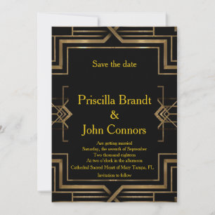 Bröllop Save the Date, svart & guld, stor-Gatsby Inbjudningar