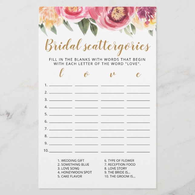 Bröllop Scattergories redigerbart spel Bröllopsfes (Framsida)