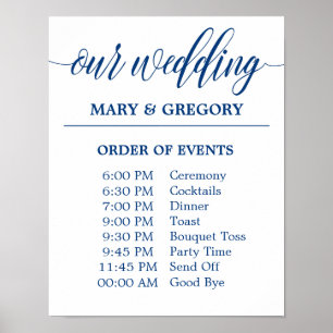 Bröllop Schedule Sign in Navy Blue Calligraphy Poster