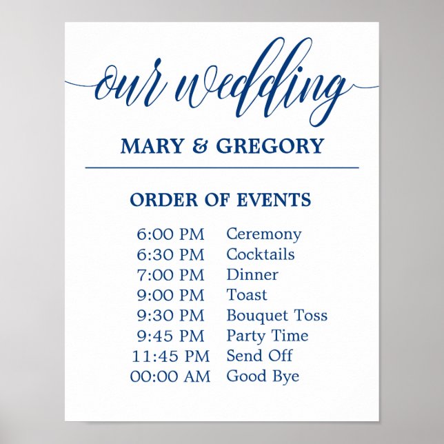 Bröllop Schedule Sign in Navy Blue Calligraphy Poster (Framsidan)