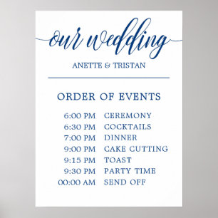 Bröllop Schedule Sign in Navy Blue Calligraphy Poster