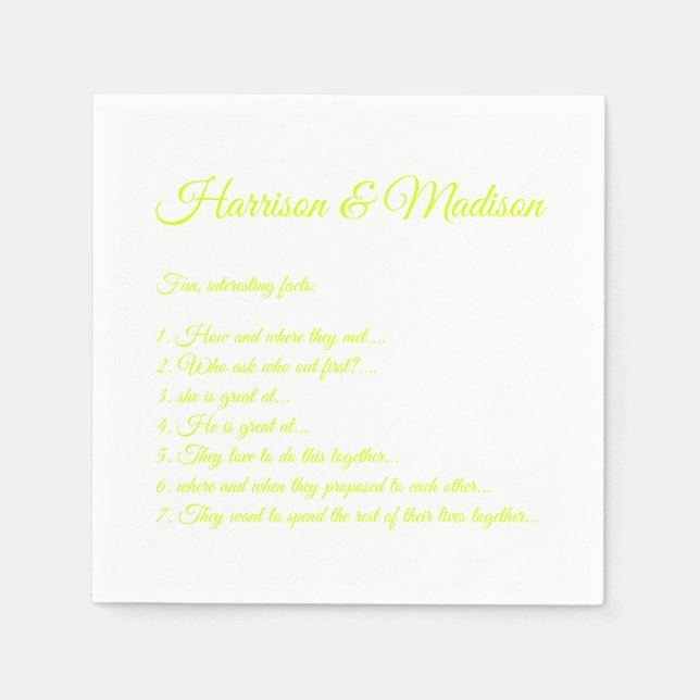 Bröllop Script namn par Roligt Facts, chartreuse Pappersservett (Framsidan)