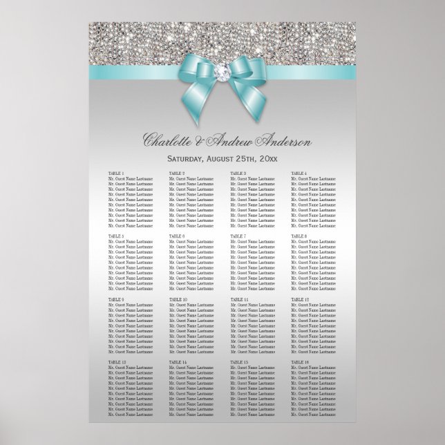 Bröllop: Sequin Teal Bow för sätesschemat Silver Poster (Framsidan)