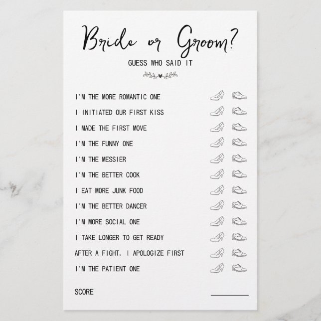 Bröllop Shoe Game Bride eller Groom Black & White (Framsida)