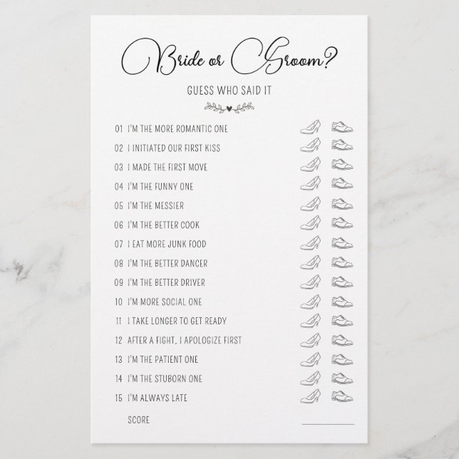 Bröllop Shoe Game Bride eller Groom Black & White (Framsida)