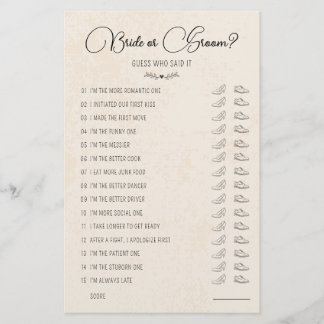 Bröllop Shoe Game Bride eller Groom Rustic Papper
