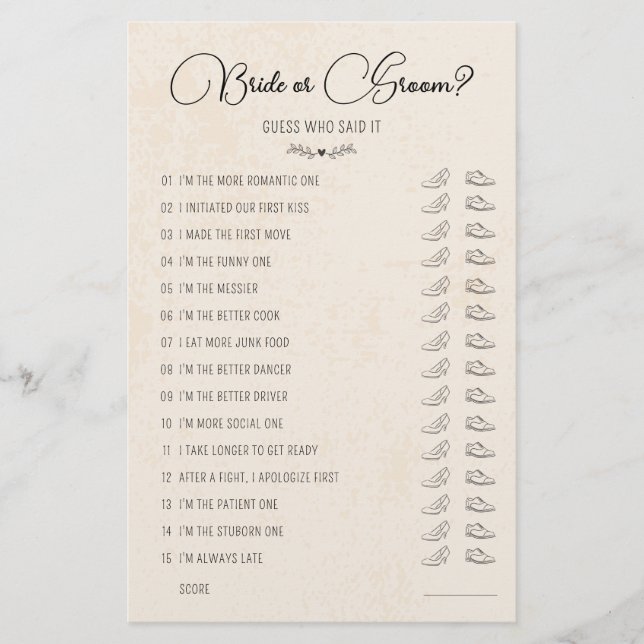 Bröllop Shoe Game Bride eller Groom Rustic Papper (Framsida)