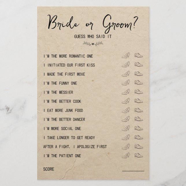 Bröllop Shoe Game Bride eller Groom Rustic Papper (Framsida)