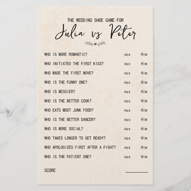 Bröllop Shoe-spelfrågor Pappra Rustic Papper (Framsida)