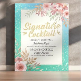 Bröllop Signatur Cocktail Dryck Meny Rosa Blommor Poster