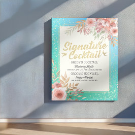Bröllop Signatur Cocktail Dryck Meny Rosa Blommor Poster