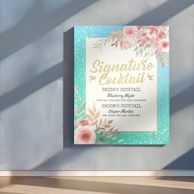 Bröllop Signatur Cocktail Dryck Meny Rosa Blommor Poster (Skapare uppladdad)