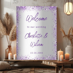 Bröllop, silver, lila glitter, välkomna poster