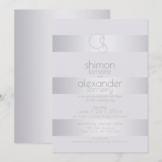 Bröllop | Silver Violet Shimmer Rand Monogram Inbjudningar (Fram/baksida)