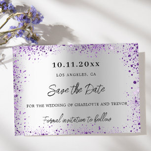 Bröllop silver violett lila glitter spara datumet