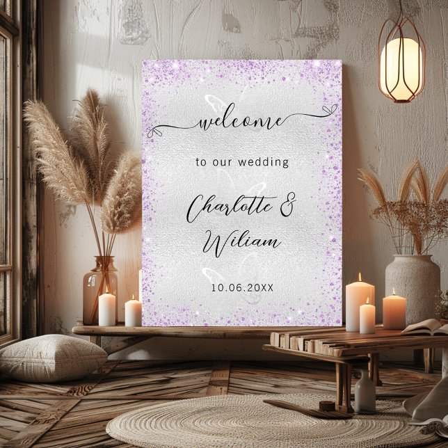 Bröllop silver violetta fjärilar välkomna poster (Skapare uppladdad)