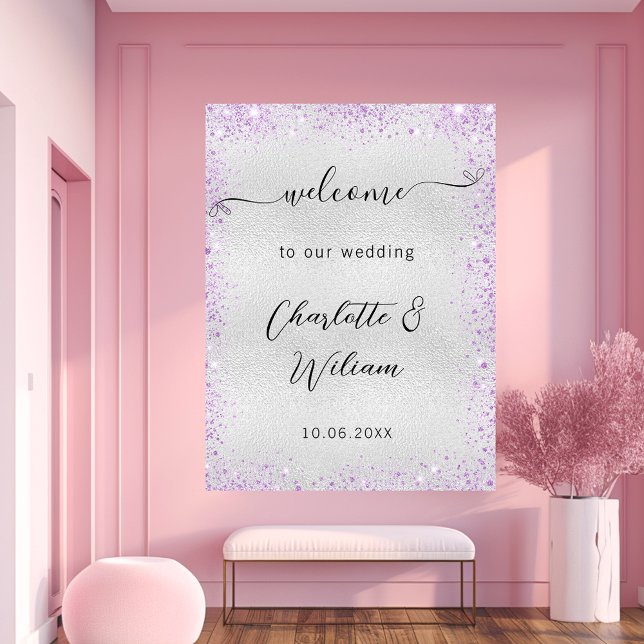 Bröllop silver violetta sparklor välkomna poster (Skapare uppladdad)
