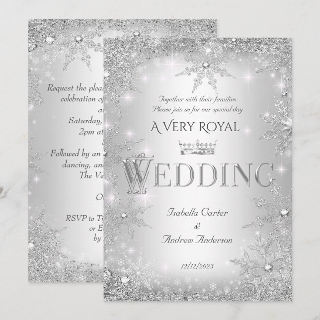 Bröllop Silver Winter Wonderland Royal Krona Inbjudningar (Fram/baksida)