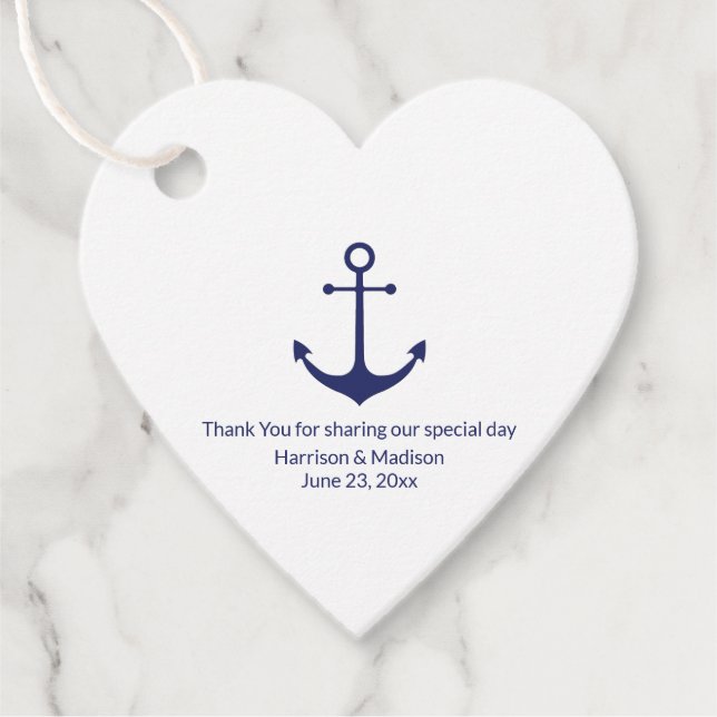 Bröllop sjömansfartyg, marint, vitt hjärta gåvor etiketter (Framsida)